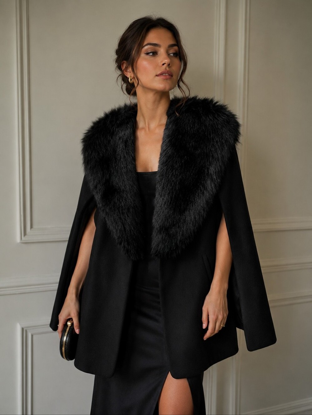 Vera & Lucy Faux Fur Trimmed Wool Cape Size L Black